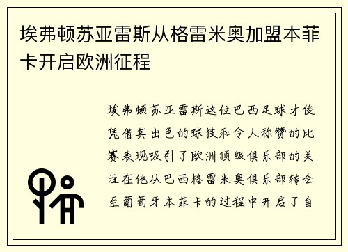 埃弗顿苏亚雷斯从格雷米奥加盟本菲卡开启欧洲征程